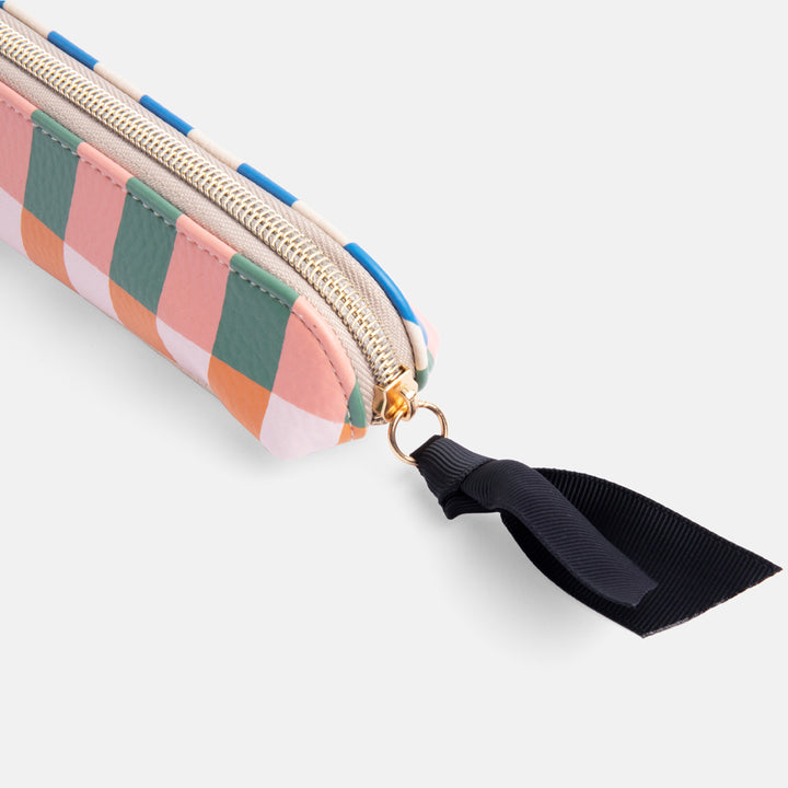 multi coloured stripes leather look slim pencil case with heart print lining