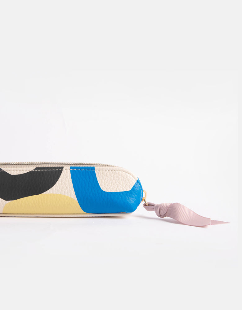 multi coloured loops design leather look pencil case with heart print lining