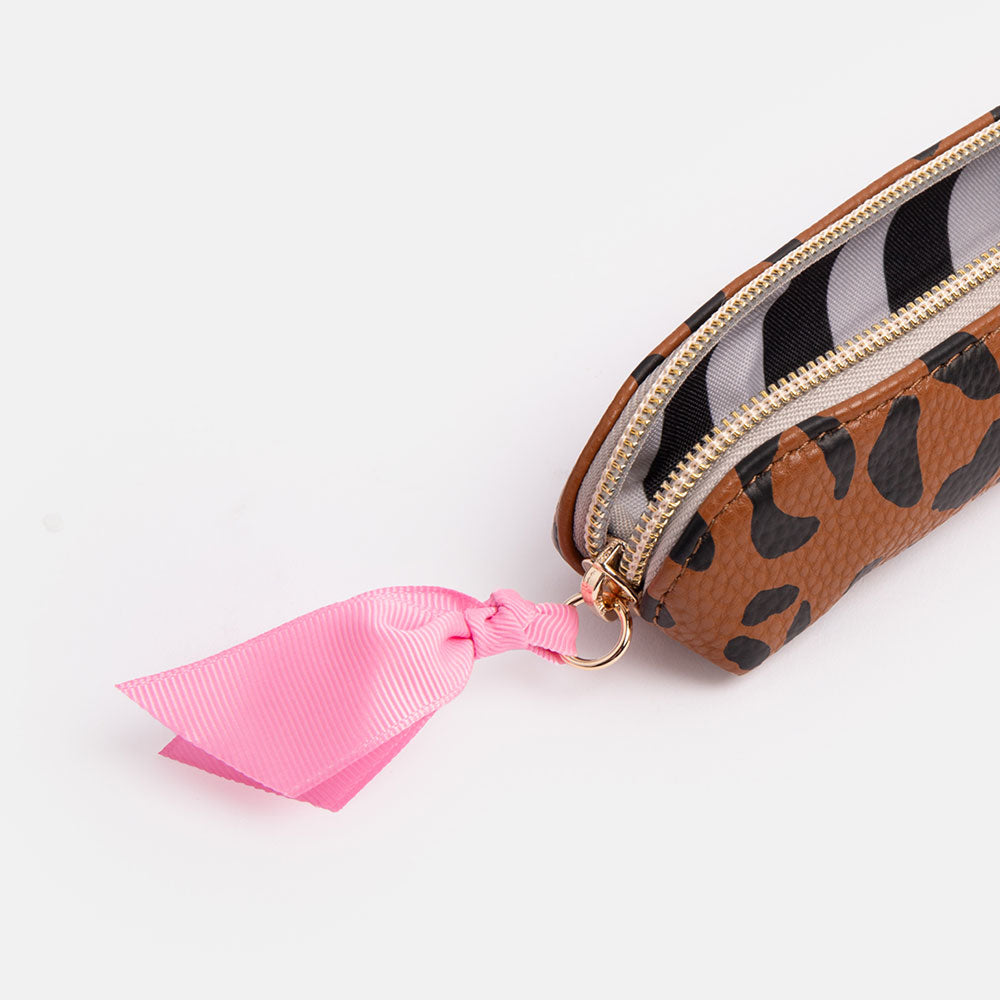 brown leopard print slim leather look pencil case