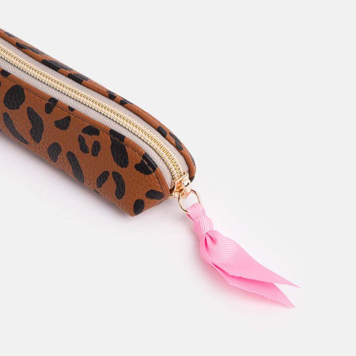 brown leopard print slim leather look pencil case