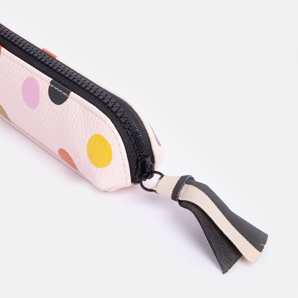 pale pink with colourful spots leather look slim pencil case