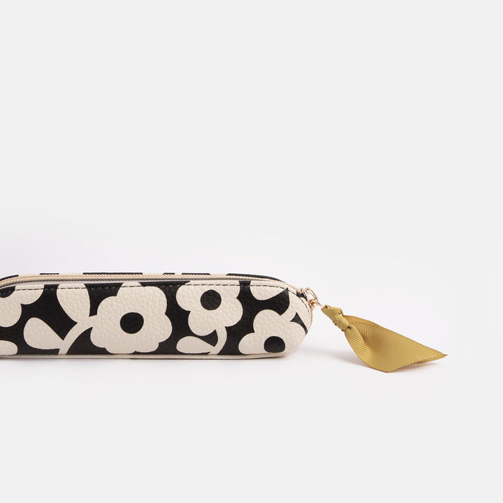 monochrome flower print leather look slim pencil case