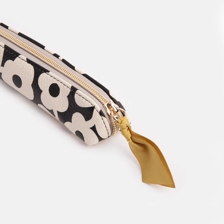 monochrome flower print leather look slim pencil case