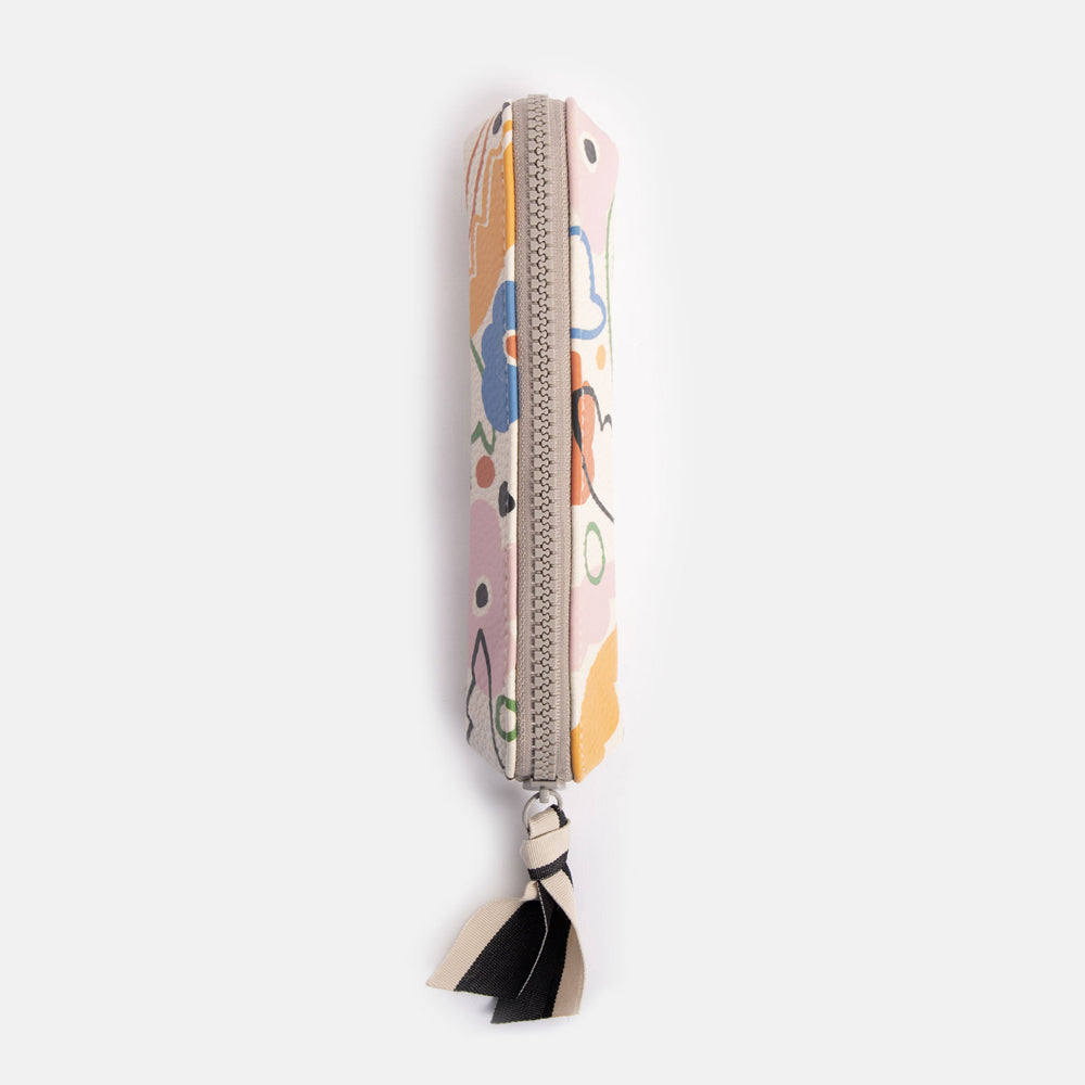 leather look PU slim pencil case in colourful abstract botanicals design