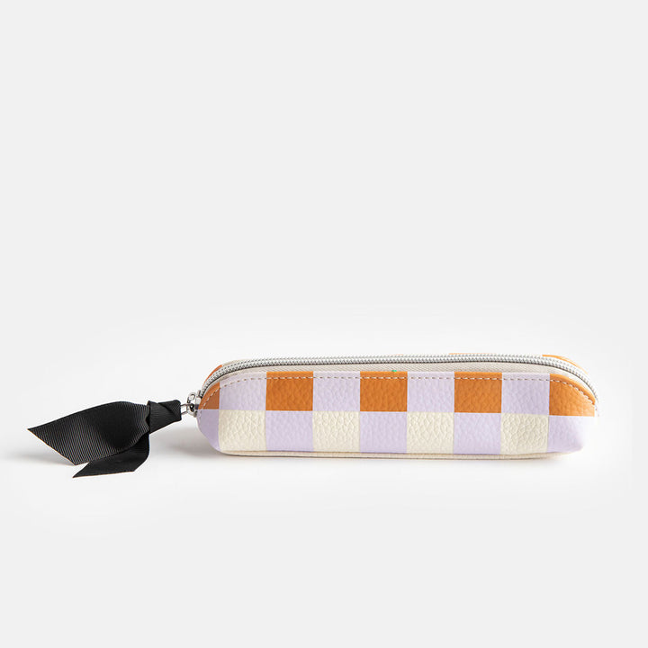 leather look PU slim pencil case in a warm tones check design with a black ribbon zip pull 