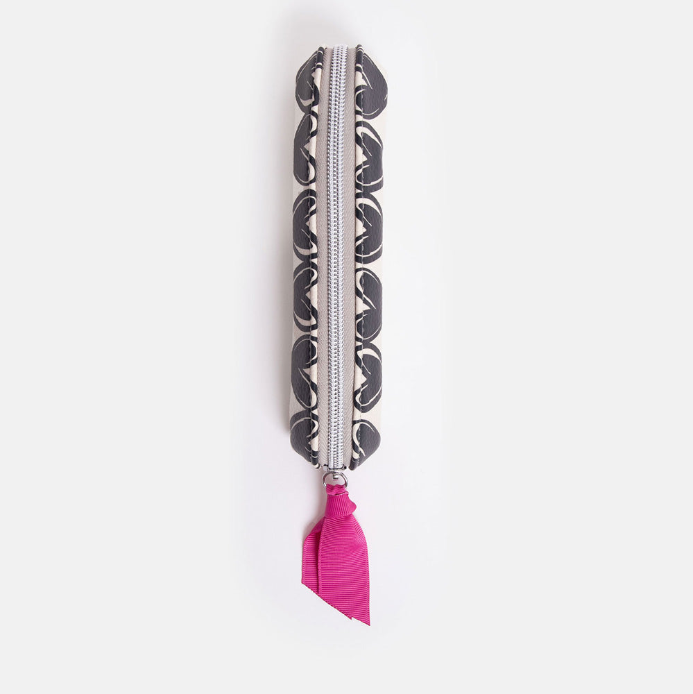 slim pencil case with black looped hearts design and pink zip pull