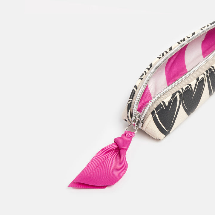 slim pencil case with black looped hearts design and pink zip pull and pink striped internal lining