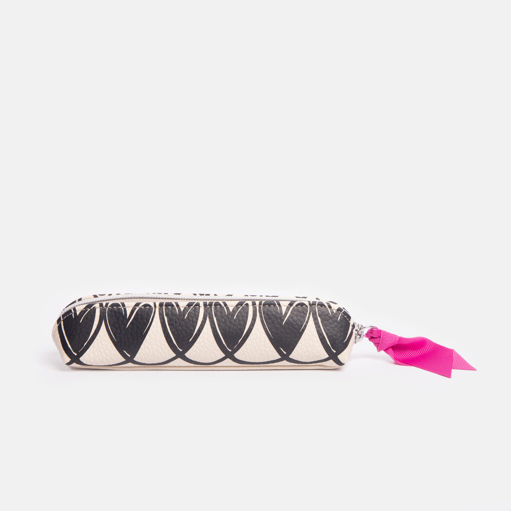 slim pencil case with black looped hearts design and pink zip pull