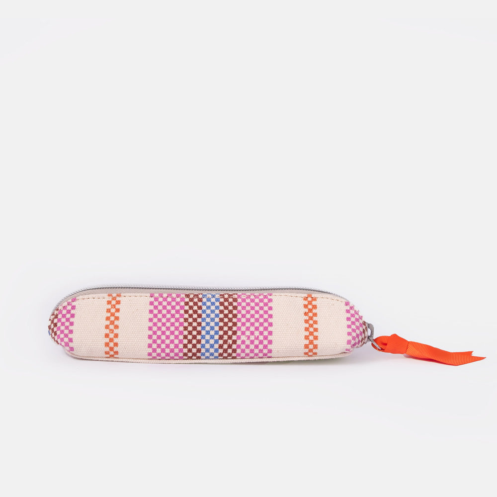canvas pencil case with colourful checkerboard stripe design, silver zip and red zip pull 