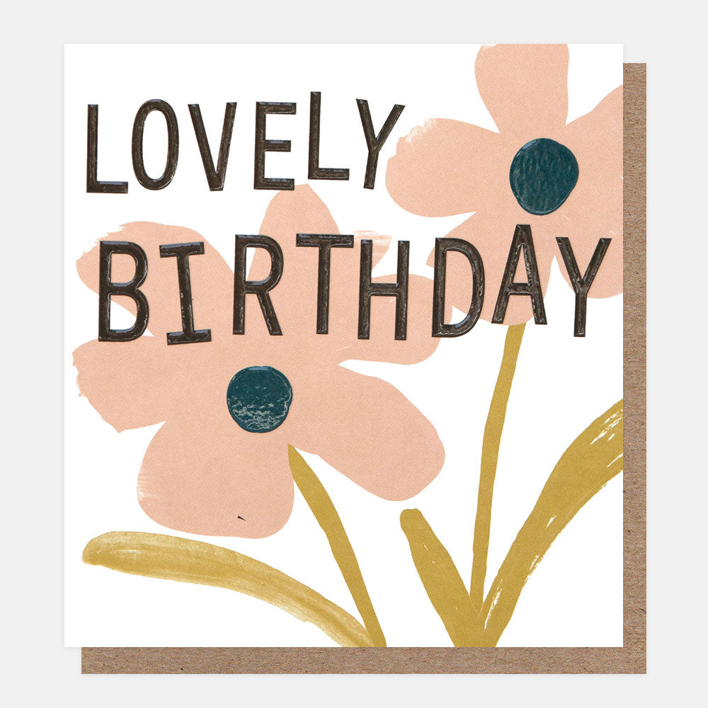 greetings cards featuring 2 hand painted watercolour flowers with yellow stems and the text 'lovely birthday'
