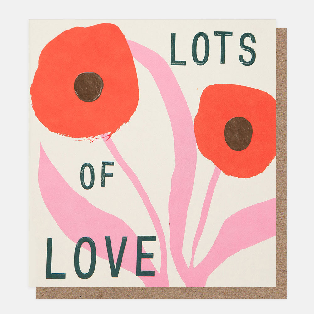 Card with red flowers and 'LOTS OF LOVE' text on a beige background