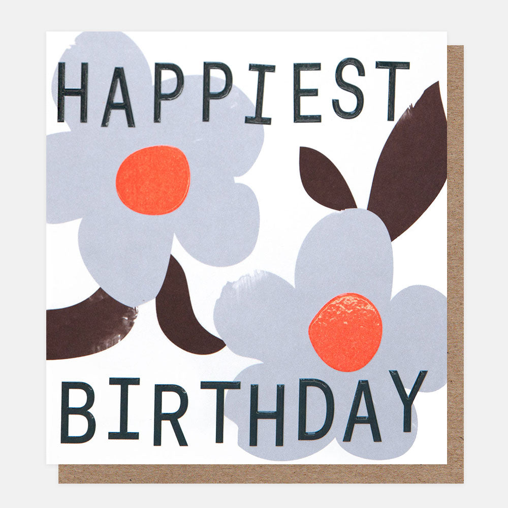 Birthday card with flowers and 'Happiest Birthday' text on a white background