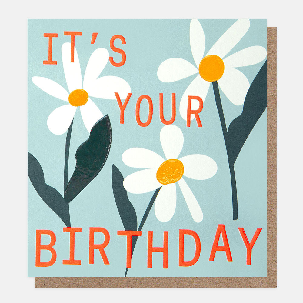 Birthday card with daisies and 'It's Your Birthday' text on a light blue background
