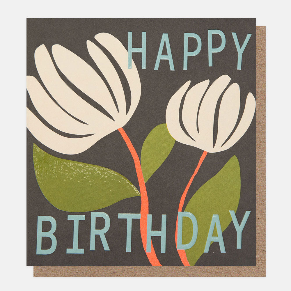 Birthday card with floral design and 'Happy Birthday' text on a brown background