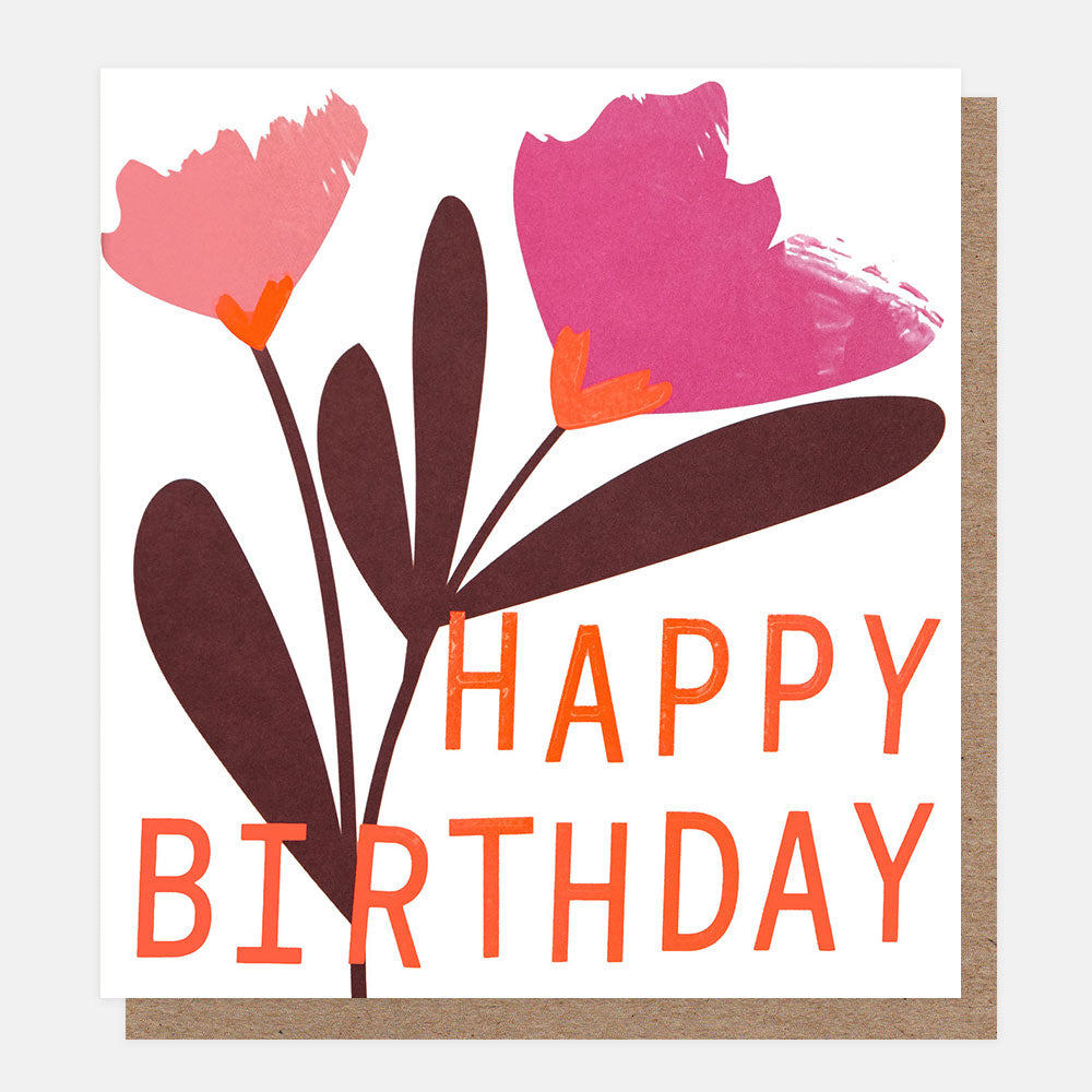 Birthday card with pink flowers and 'Happy Birthday' text on a white background