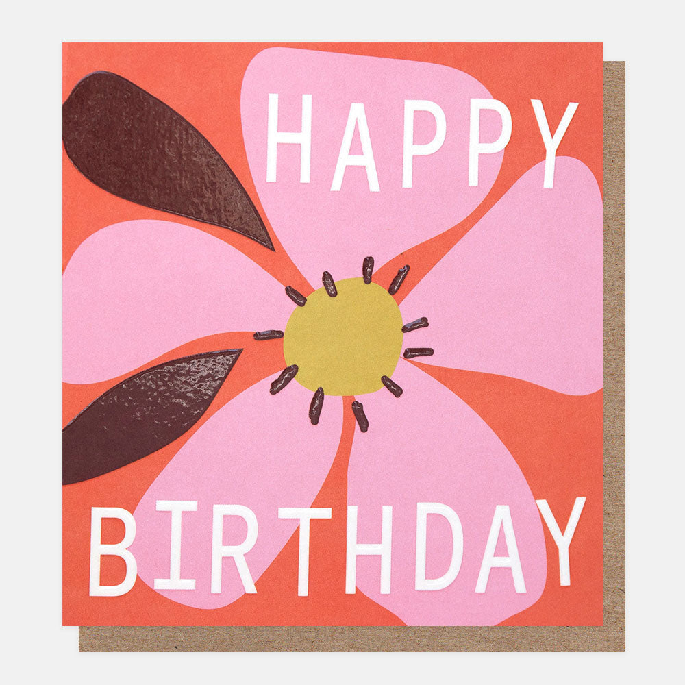 Birthday card with a pink flower and 'Happy Birthday' text on an orange background