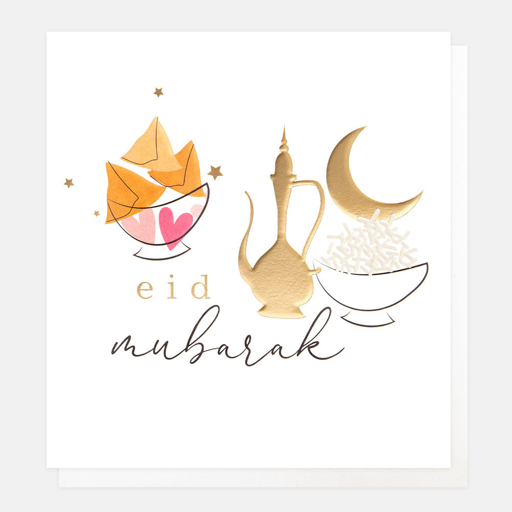 gold moon, stars and snacks eid mubarak card