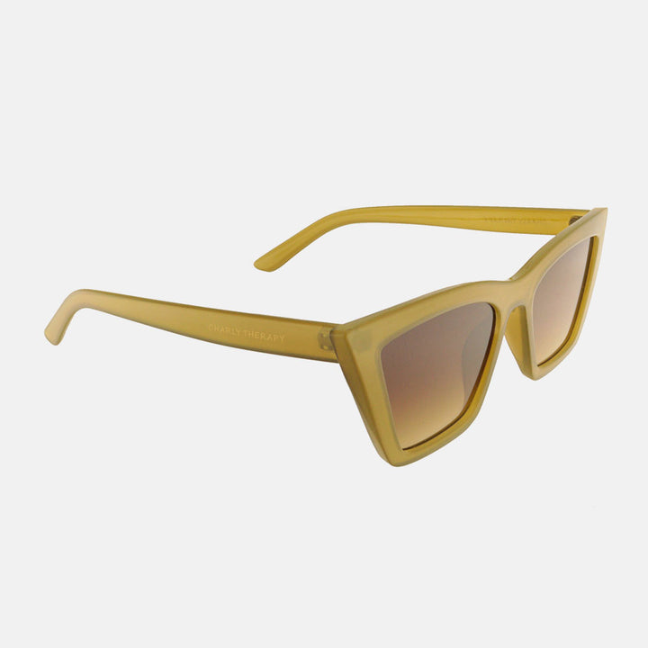 olive square edge sunglasses with brown gradient uv protective lenses