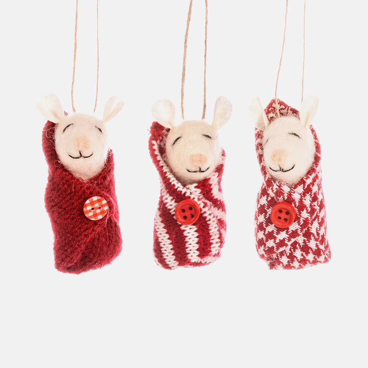 3 felt mouse in blanket hanging Christmas tree decorations