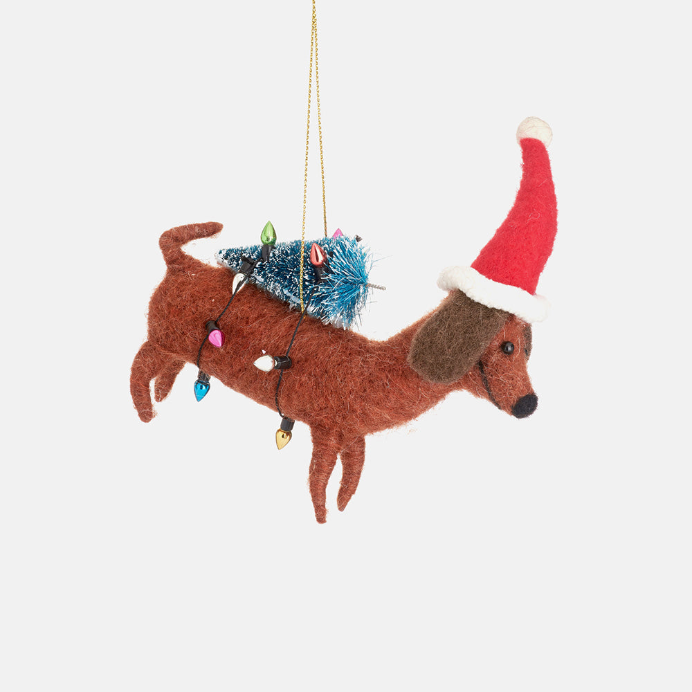 wool felt sausage dog with christmas tree decoration