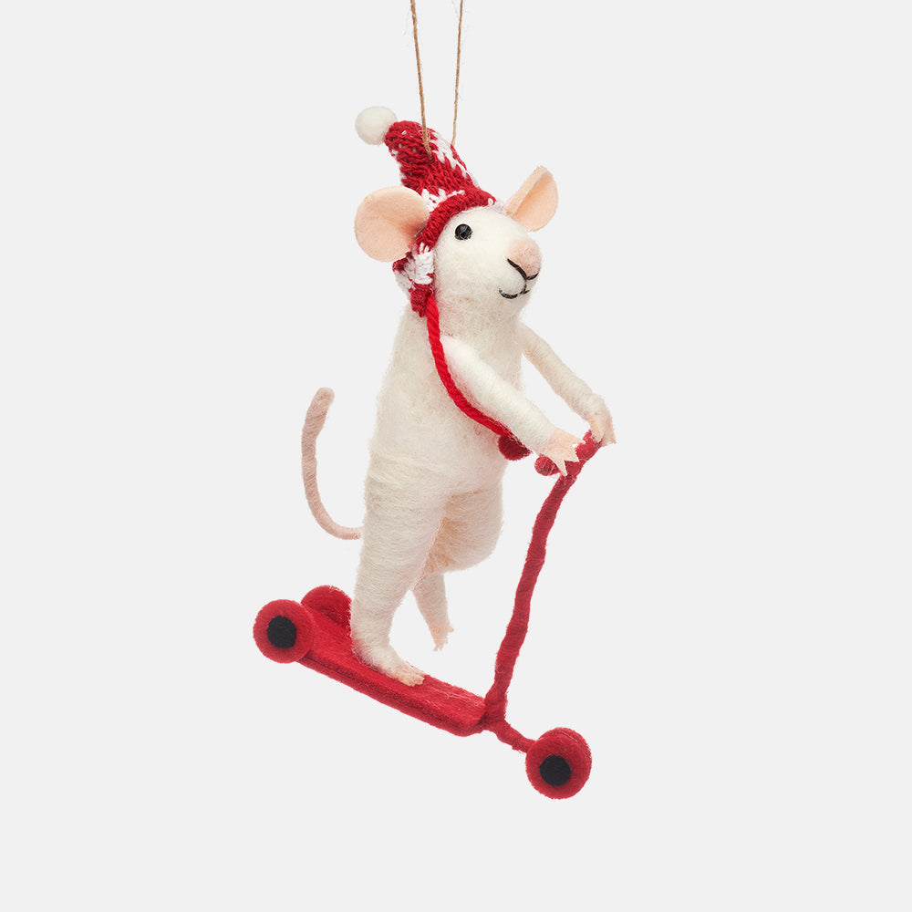 wool felt mouse on a scooter hanging christmas tree decoration
