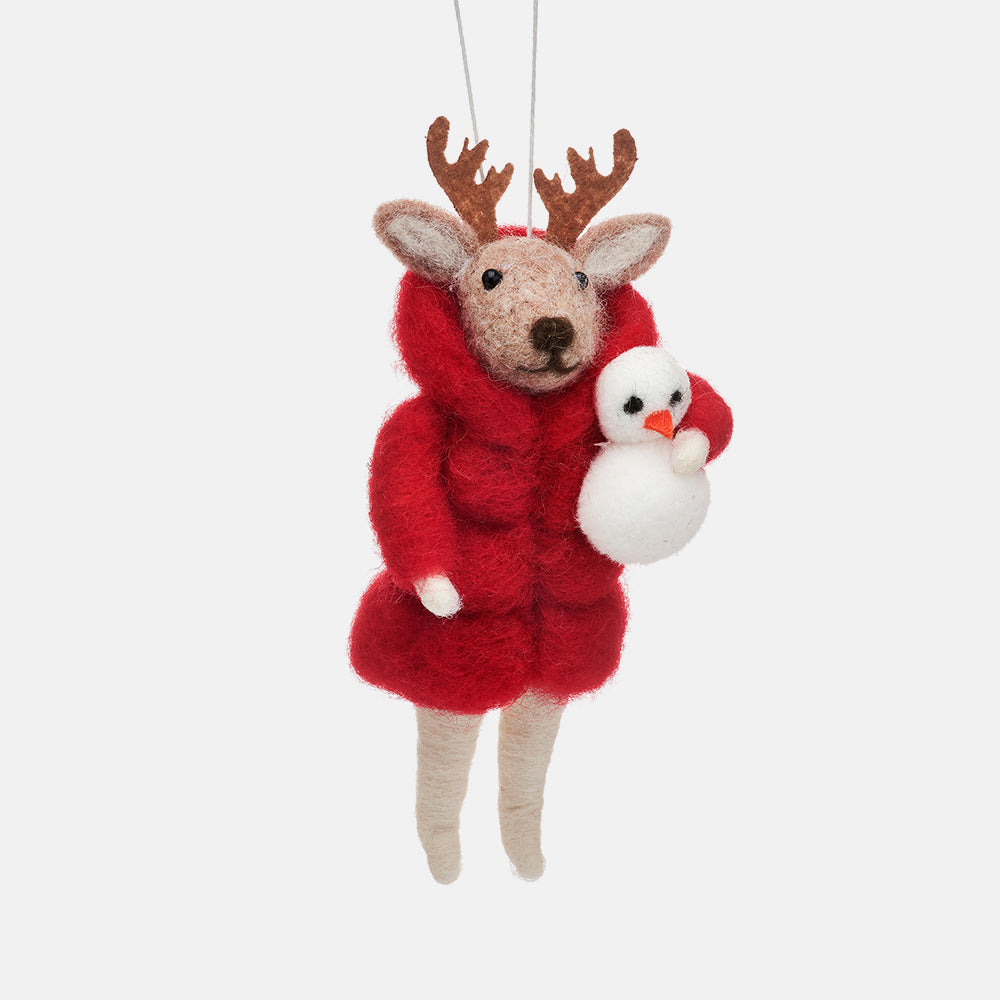 reindeer in a red puffer jacket felt hanging christmas tree decoration