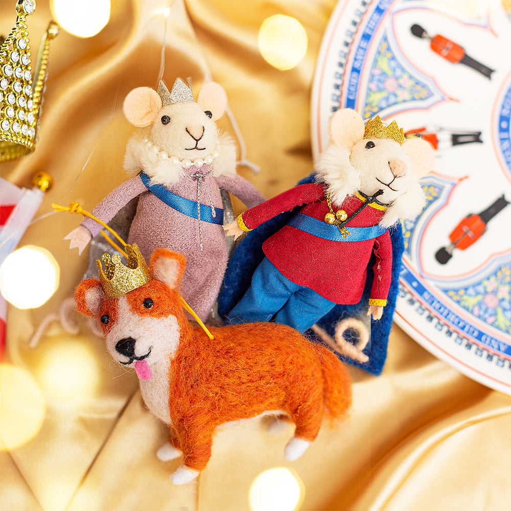 felt king & queen mouse and corgi hanging Christmas tree decorations