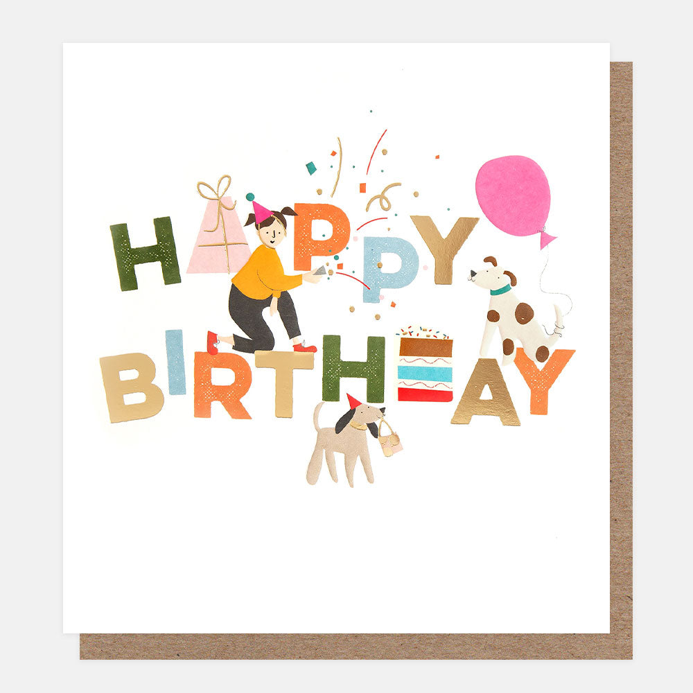 dogs in party hats with balloons and confetti happy birthday card