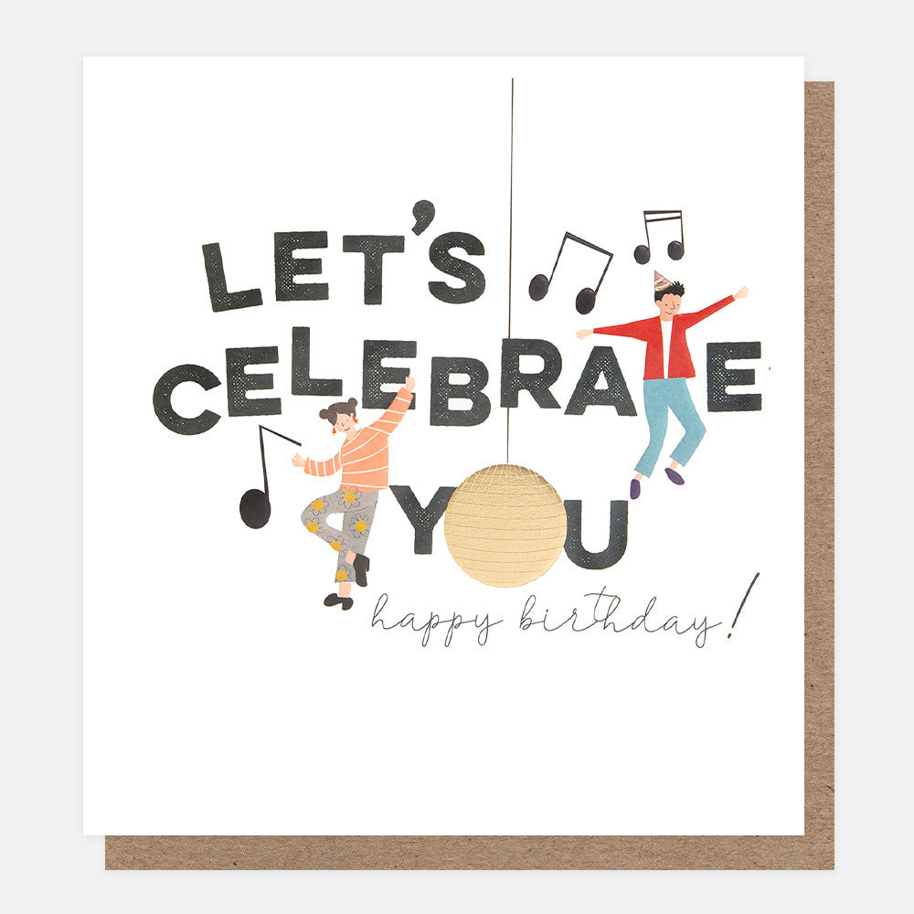 dancing couple with gold disco ball let's celebrate you happy birthday card