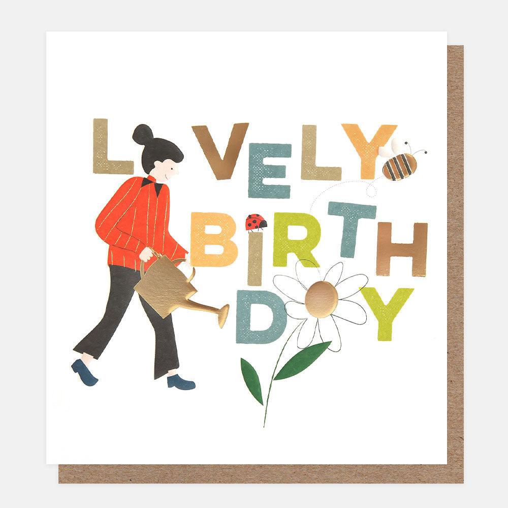 lady watering a daisy & bee lovely birthday card