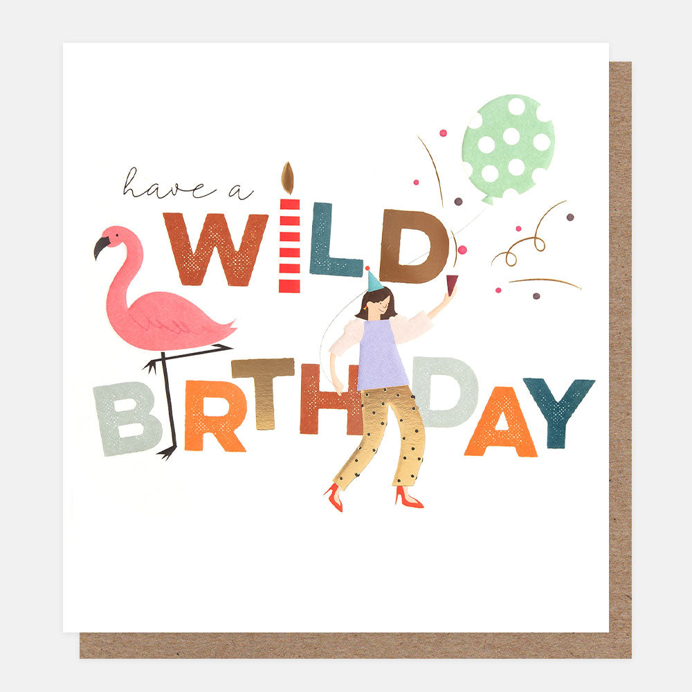 flamingo & partying girl have a wild birthday card