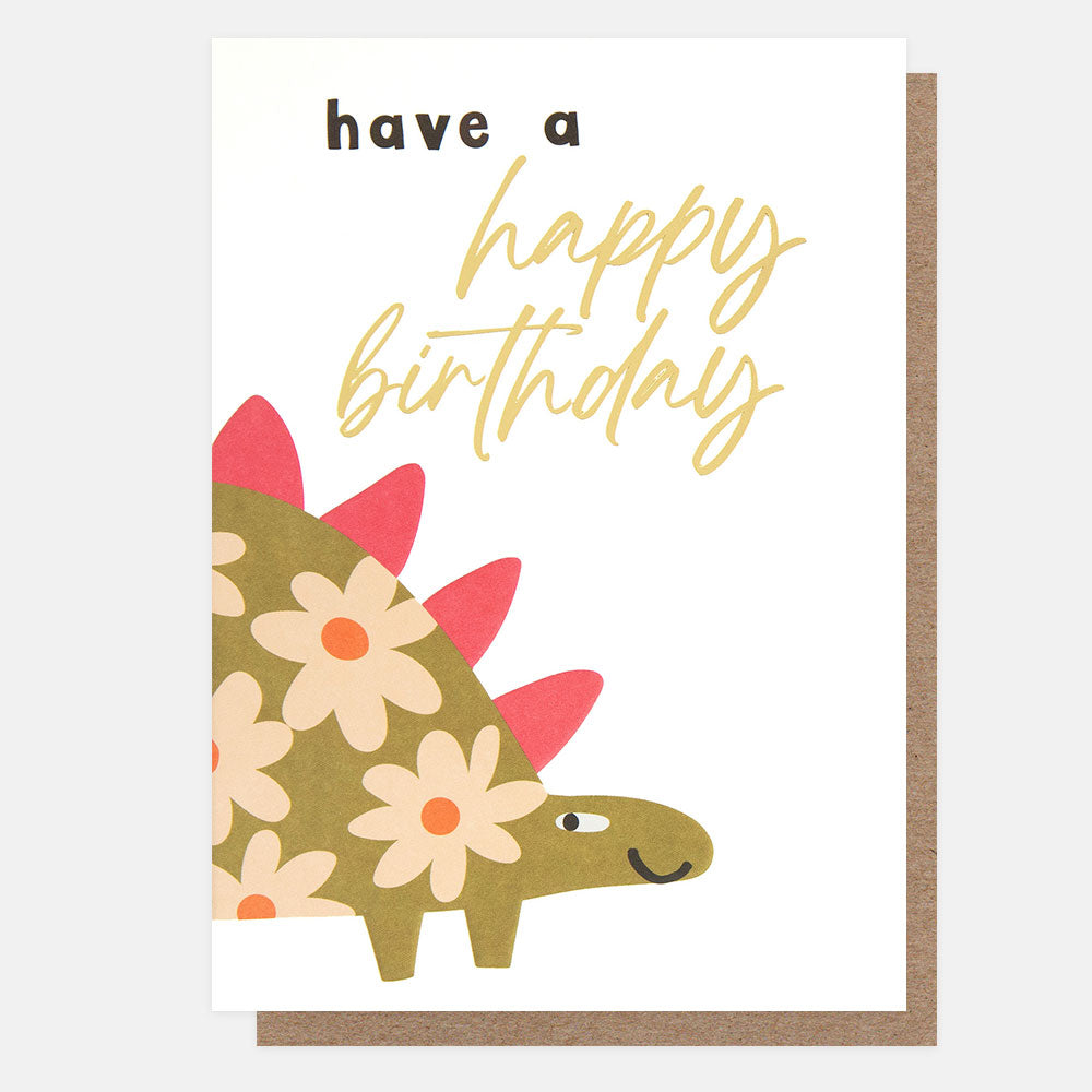 birthday card featuring a colourful dinosaur centered on the card fold and 'have a happy birthday" message
