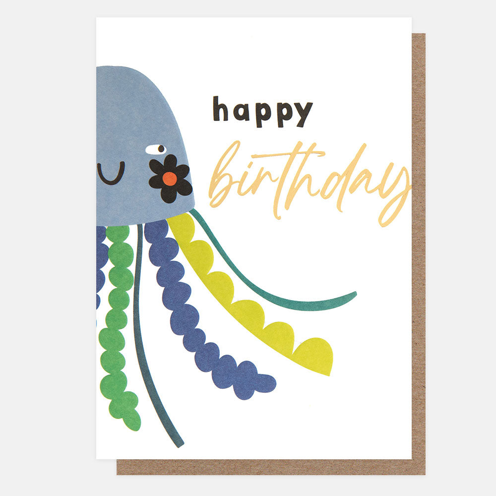 birthday card featuring a colourful jellyfish centered on the card fold and 'happy birthday" message
