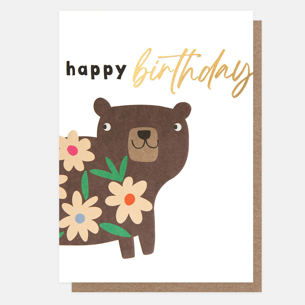 birthday card featuring a colourful bear centered on the card fold and 'happy birthday" message

