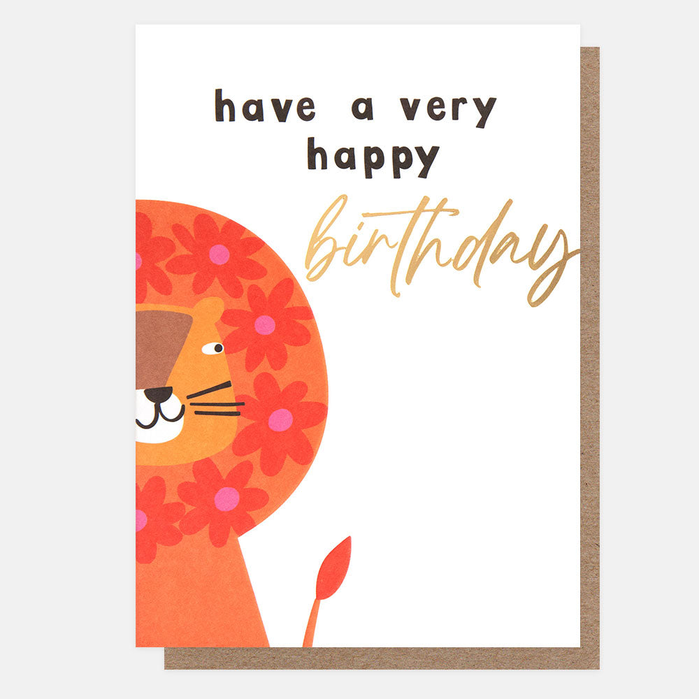 birthday card featuring a colourful lion centered on the card fold and 'have a very happy birthday" message
