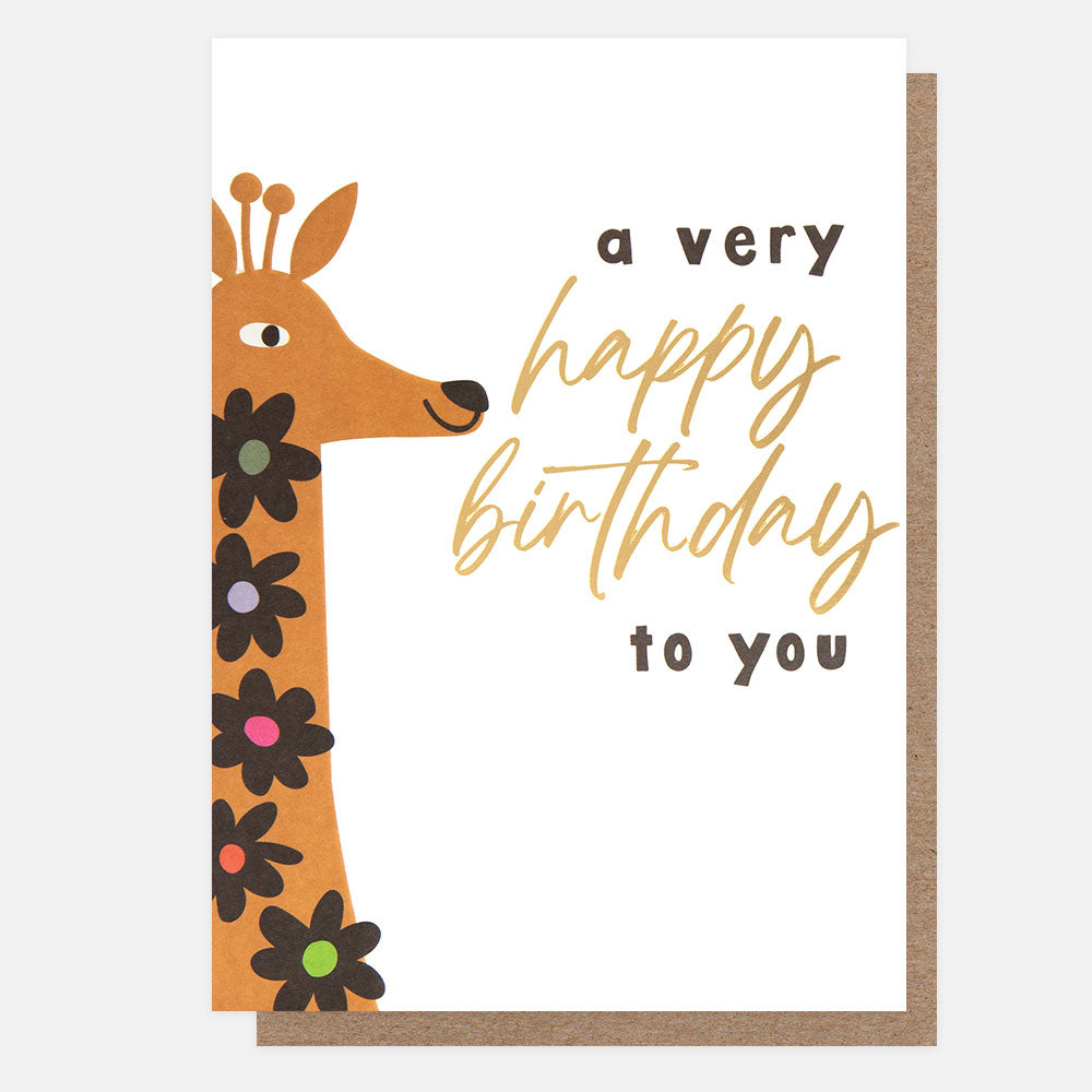 birthday card featuring a colourful giraffe centered on the card fold and 'a happy birthday to you" message
