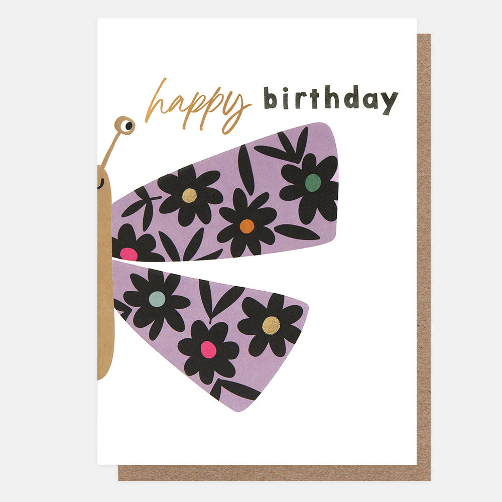 birthday card featuring a colourful butterfly centered on the card fold and 'happy birthday" message
