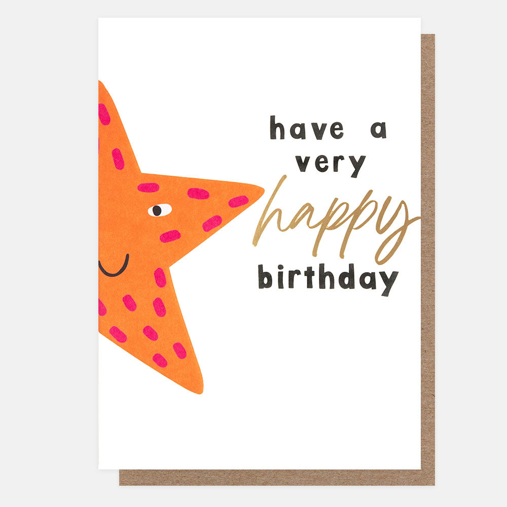 birthday card featuring a colourful starfish centered on the card fold and 'have a very happy birthday" message
