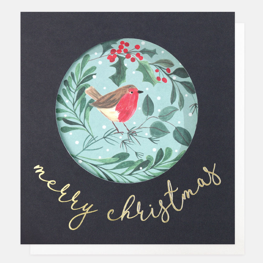 robin in foliage merry christmas card