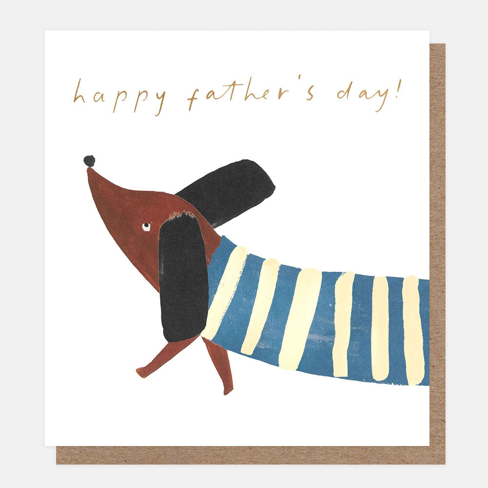 Father's Day card with a sausage dog wearing a striped sweater and 'happy father's day!' text.