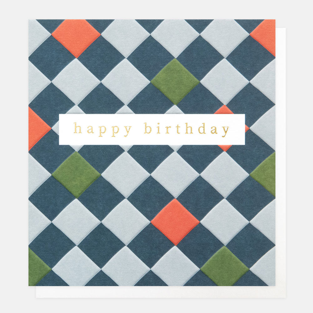 birthday card featuring a colourful checkerboard pattern and 'happy birthday' message in gold foil
