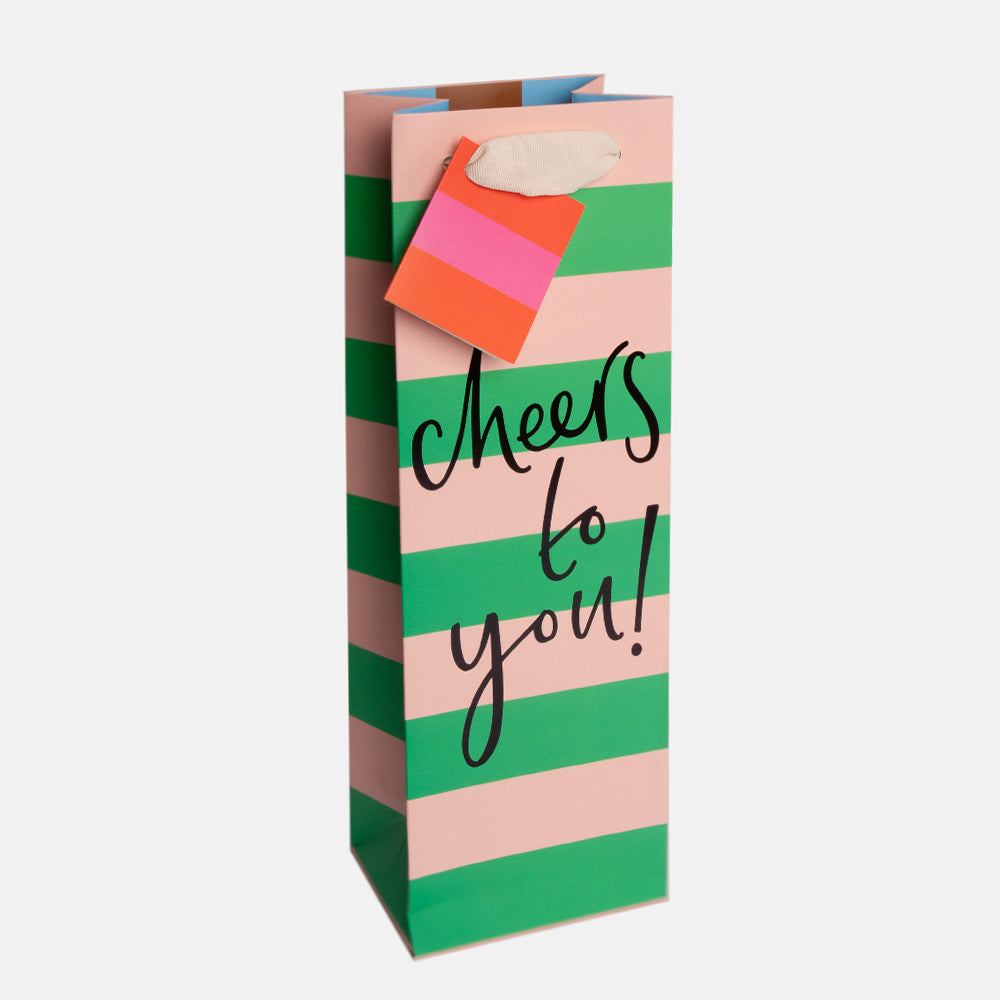 green & pink stripe cheers to you bottle gift bag with matching gift tag