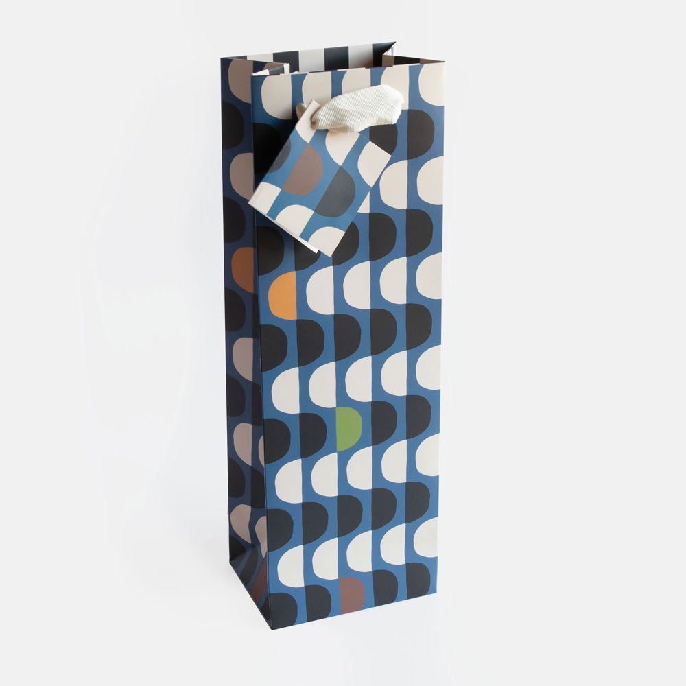 blue, black & white geometric wave design bottle gift bag with matching gift tag