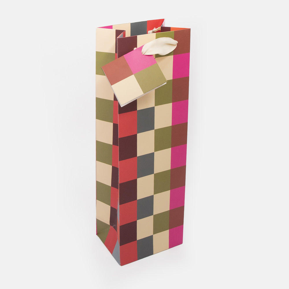 colourful geometric checked bottle gift bag with matching gift tag