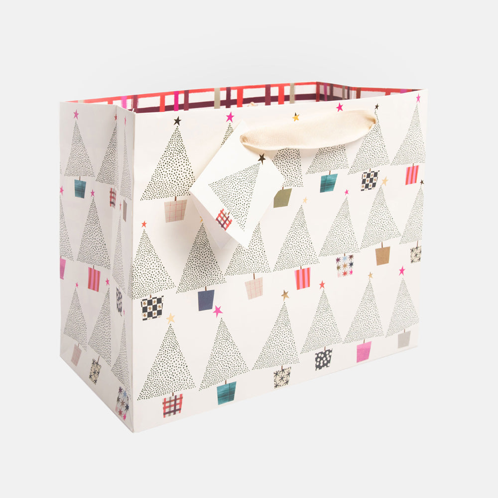 dotty trees in colourful pots Christmas gift bag with matching gift tags and fabric handles