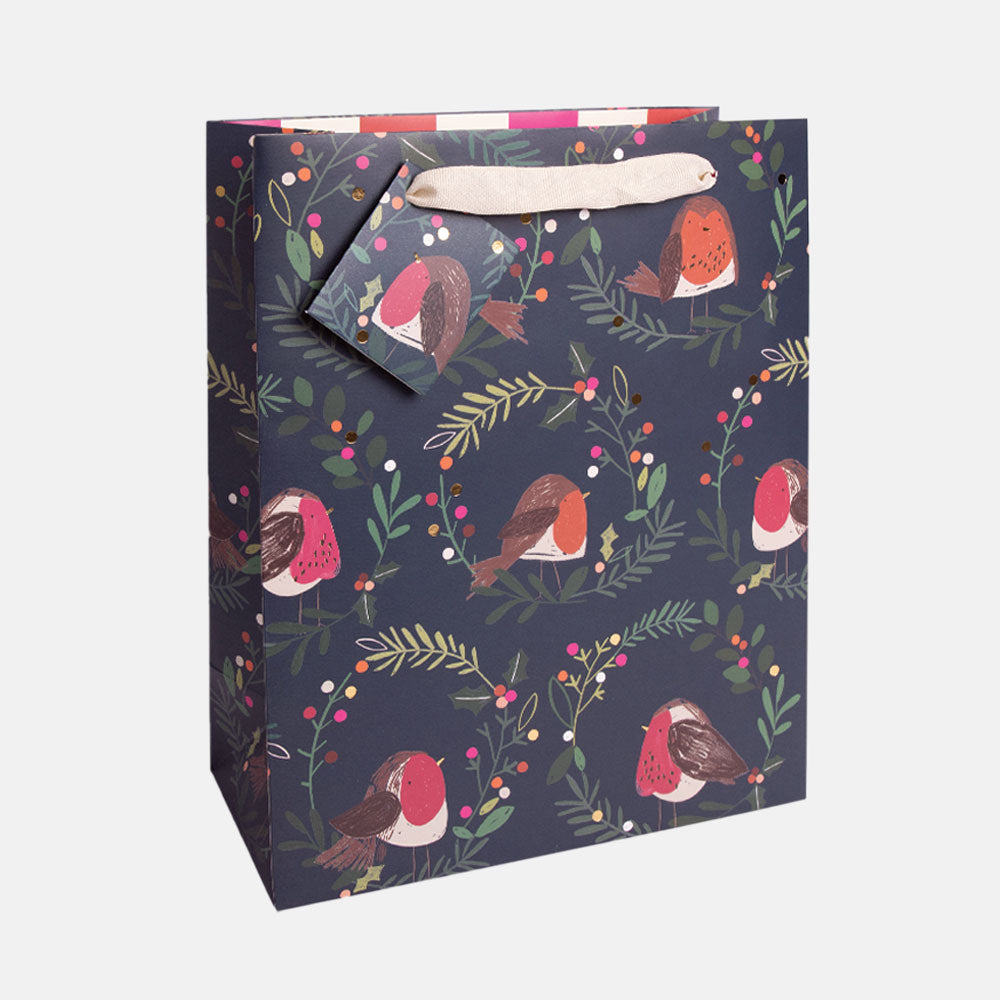 robins & festive wreaths navy large christmas gift bag