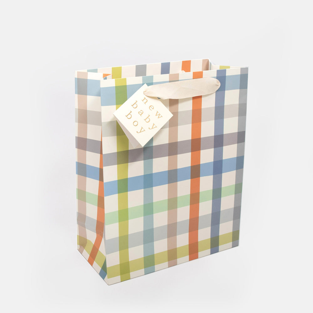 blue, green & orange check large gift bag with gift tag with the words 'new baby boy' on