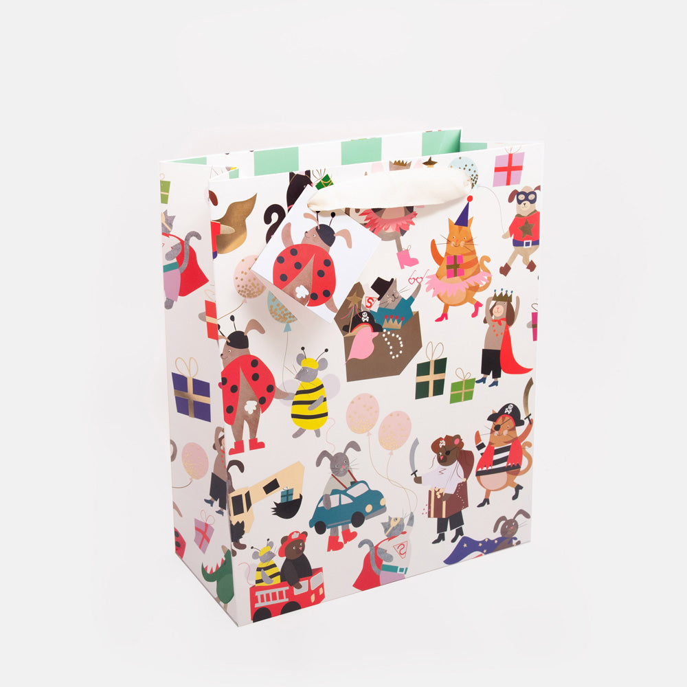 large gift bag for kids, featuring a design of hand drawn animal characters dressed up in fancy dress