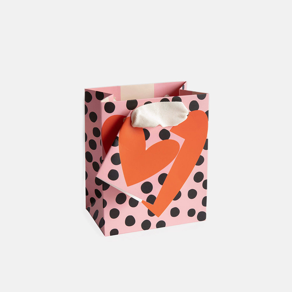 small gift bag featuring A RED HEART ON PINK & GREY SPOTTY BACKGROUND