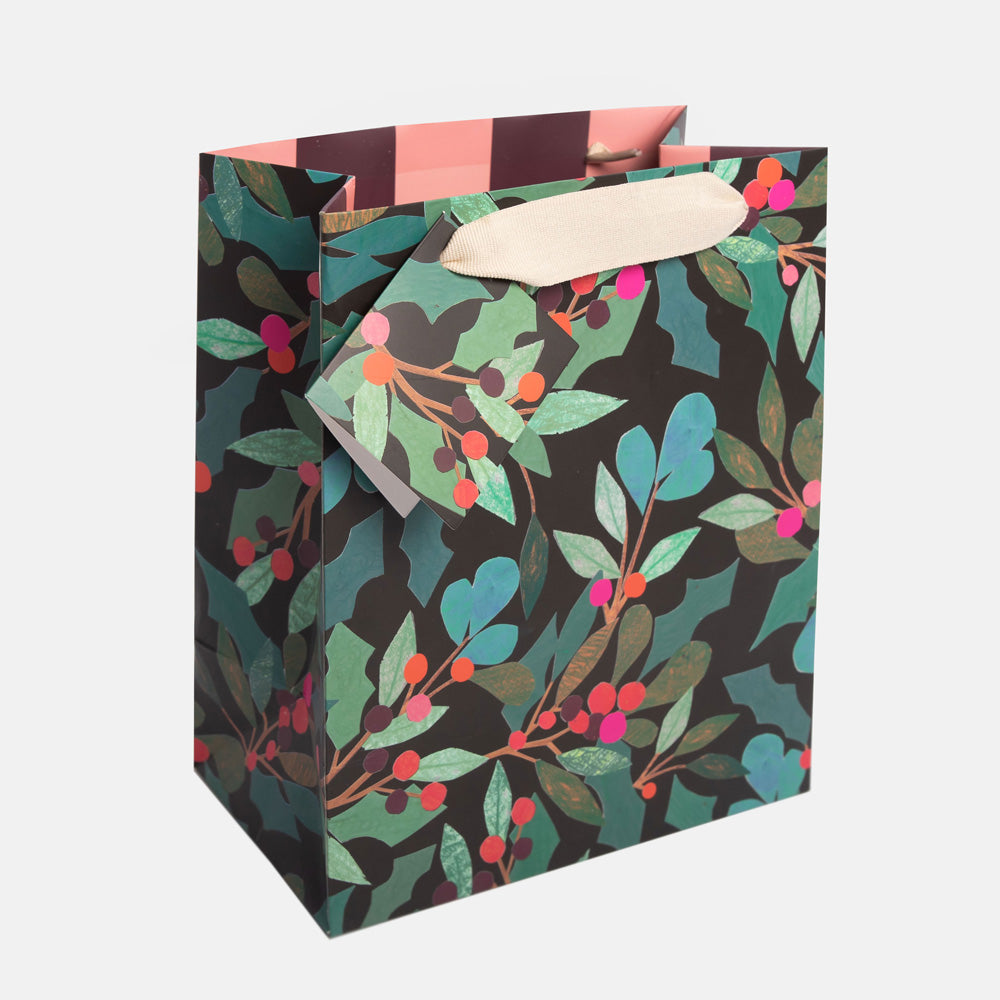 gift bag with holly & berries design, matching gift tag and fabric handles